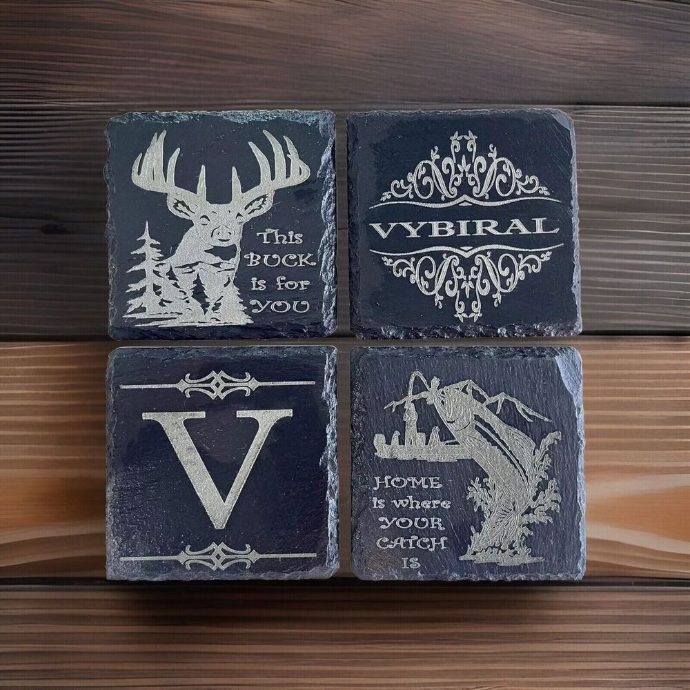 Slate Coasters Personalized Buck Deer Fish Laser Engraved 🔥Set Of 4🔥Made USA